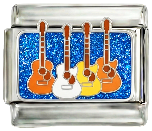 Varias guitarras sobre fondo plateado
