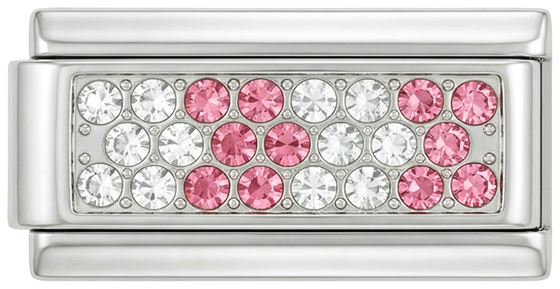 Silberplättchen mit rosa und weißen Steinen, Doppel, in Silber