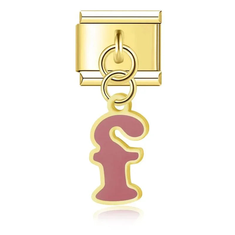 Letter F in Burgundy Pink, on Gold - Charms Official