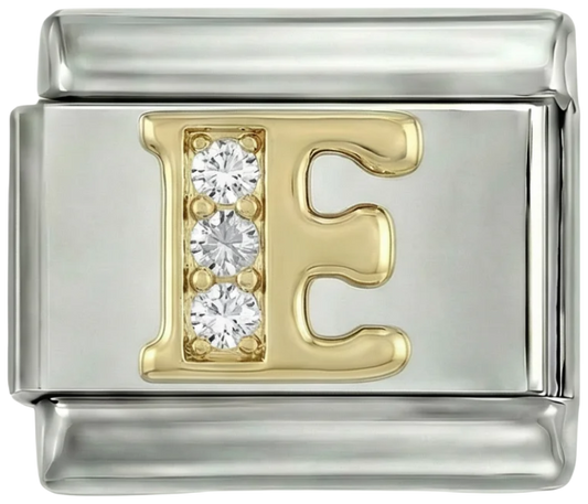 Letter E in Gold with Stones, on Silver - Letter-E-in-gold-with-stones-on-silver.png
