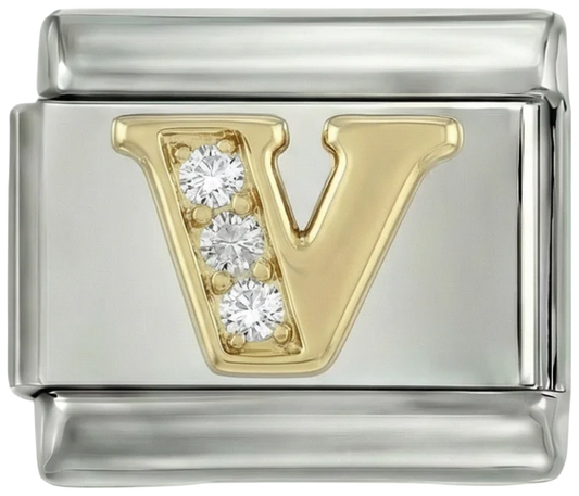 Letter V in Gold with Stones, on Silver - Letter-V-in-gold-with-stones-on-silver.png