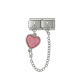 Corazón rosa, dijes doblemente enlazados, en plata